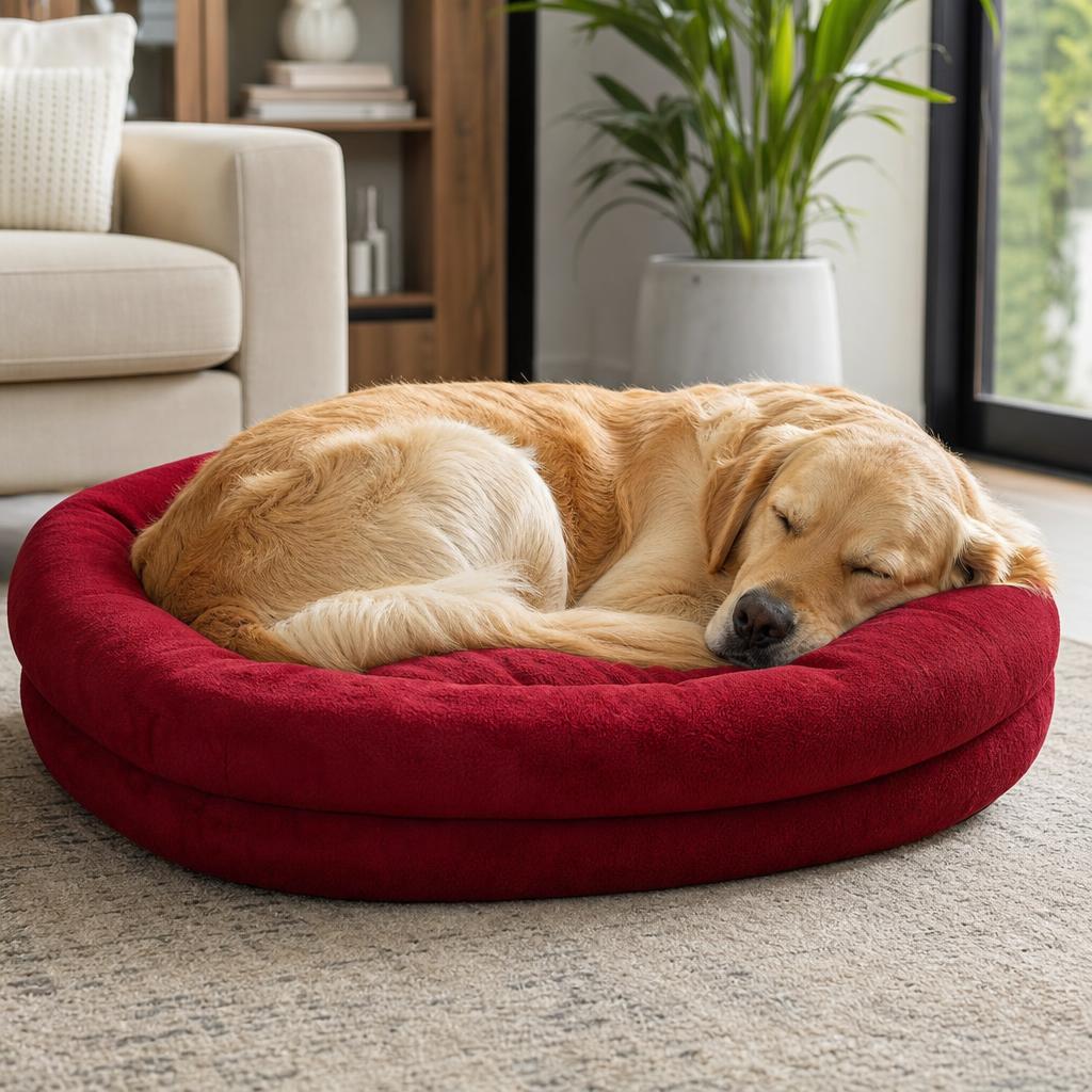 Dog sleeping soundly on a plush DoggyPack bed