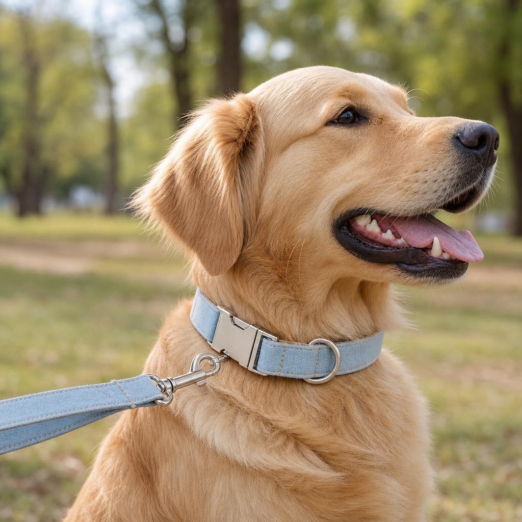Dog wearing Blue Denim collar and leash