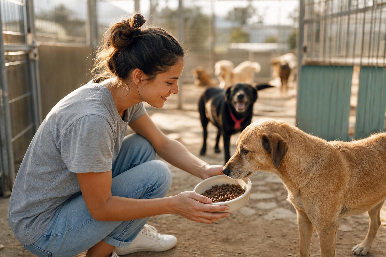 Volunteer feeding a rescued dog at a local shelter