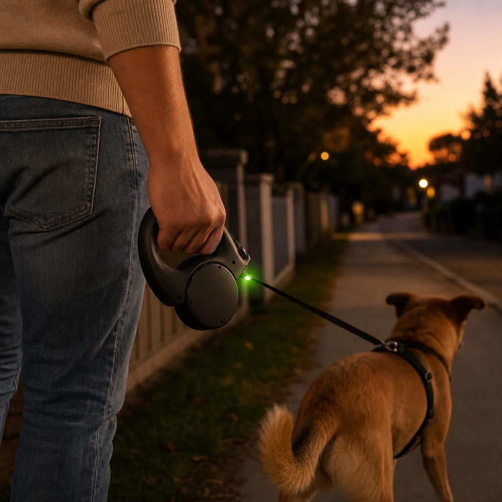 Retractable dog leash with light in use at dusk