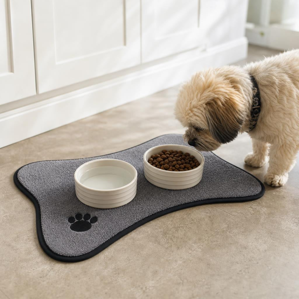 Bowls placed on DoggyMat with dog nearby