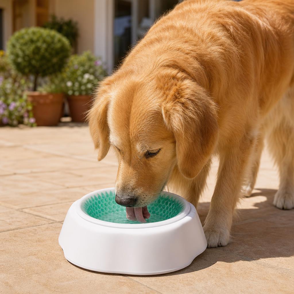 Dog using DoggyPlate Cooling Bowl on a hot day