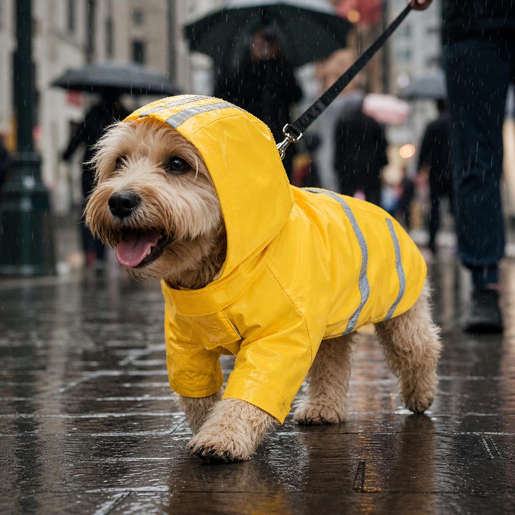 Dog wearing DoggyRainCoat Reflective & Waterproof in the rain