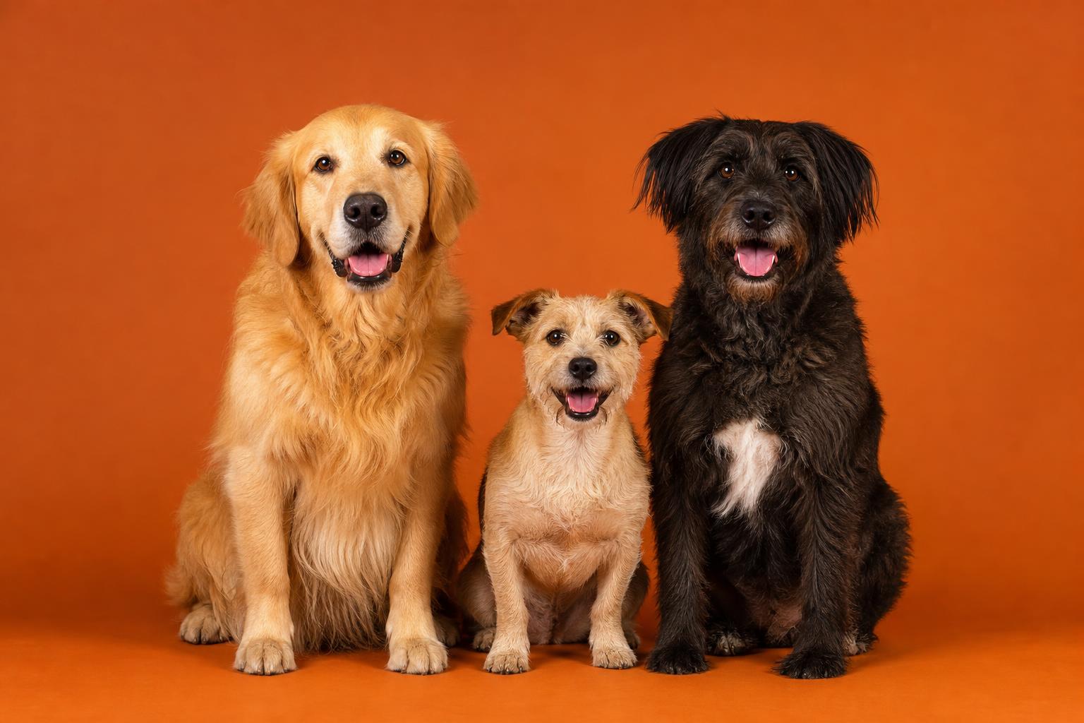 Three happy dogs on orange background